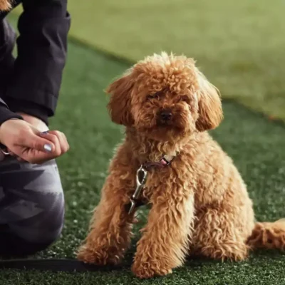 Dog training instructor with a treat for a seated puppy