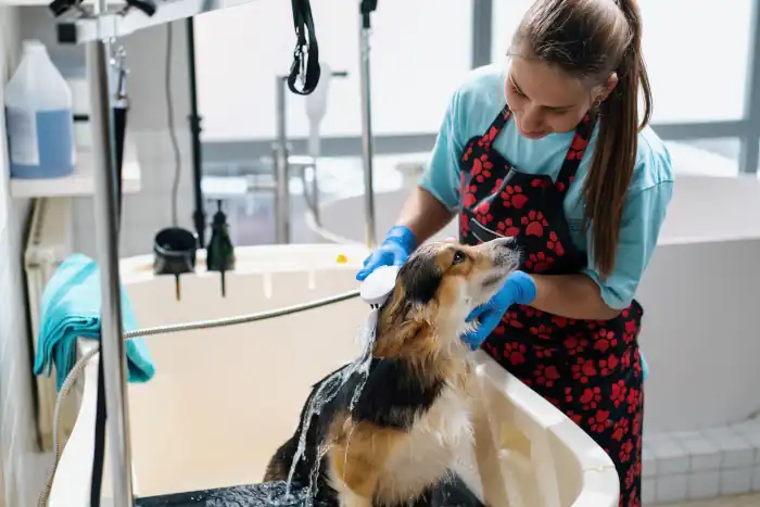 Groomer washes a corgi dog in the bathroom