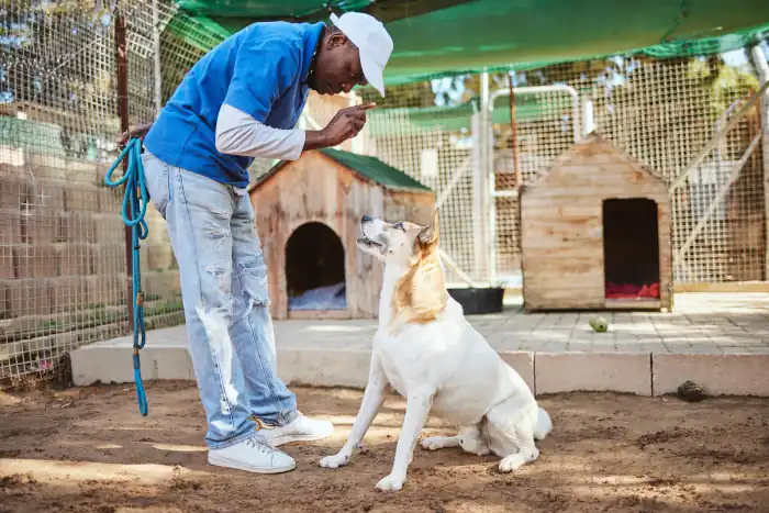 Dog training animal trainer and man teaching