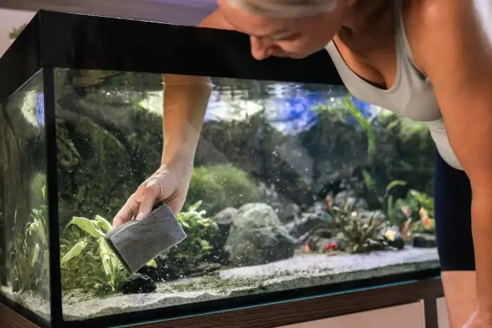 Woman cleaning the aquarium