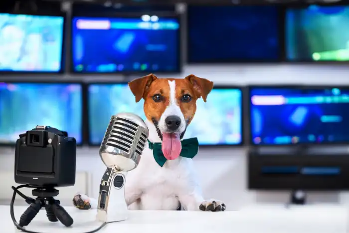 dog blogger jack russell terrier in front of a mic