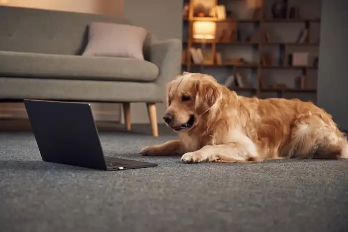 sitting by laptop golden retriever is at domestic